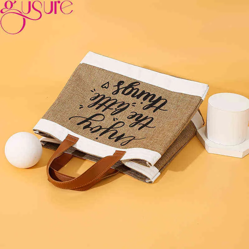 Shopping Bags Gusure Women Summer Beach Shoulder Large Capacity Handbags and Purse Letter Linen Casual Lady Travel 220318