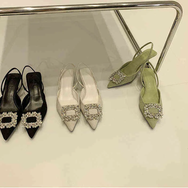 Fashion Crystal Buckle Sandal 2022 Women Shoes Flat Heel Pointed Toe Slingback Shoes Slip On Mules Green Dress Shoes G220525
