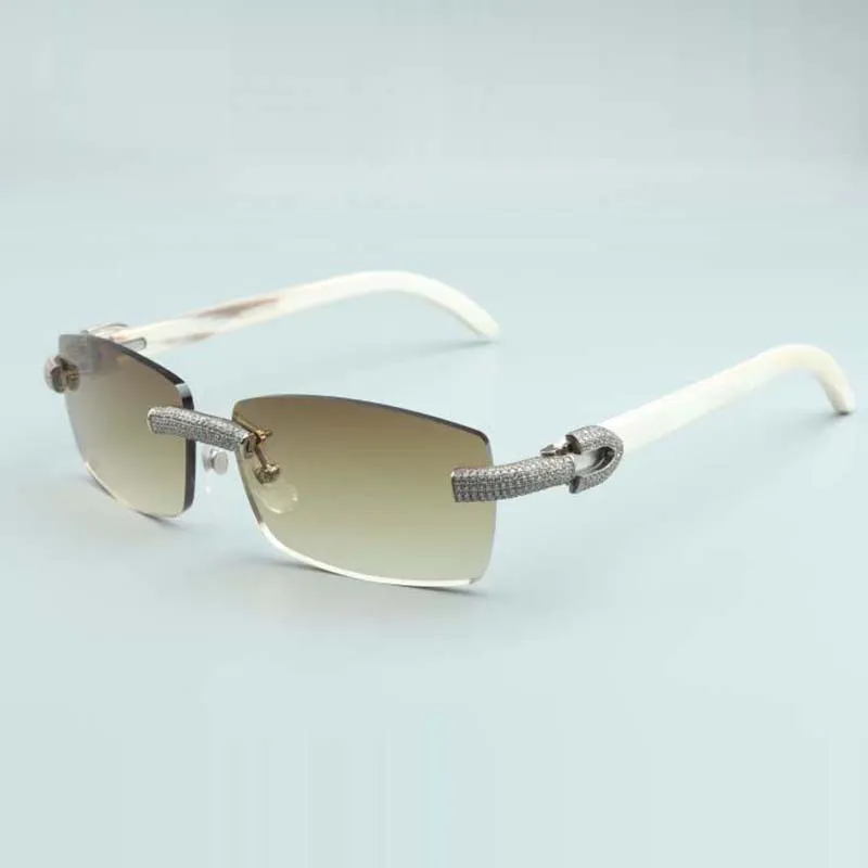 Óculos de sol micro-pavimentados com diamantes 3524012 com palitos de chifre de búfalo branco natural e lente de 56 mm198y