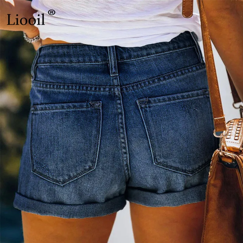 Sexy déchiré Jean Shorts pour femmes été Streetwear poches fermeture éclair noir bleu femmes taille haute trou Stretch Denim Shorts 220419