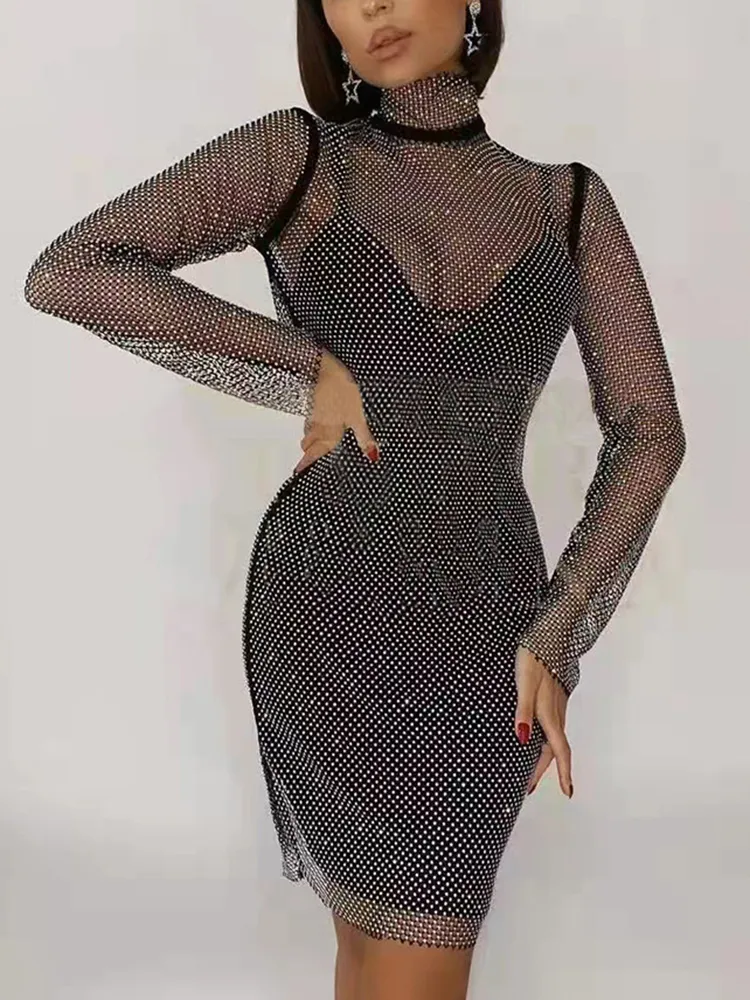 Elegant Fashion Long Sleeve Diamonds Grid 2 Two Piece Sets Dresses for Women Sexy High Neck Hollow Out Bodycon Club Party Dress CX220518