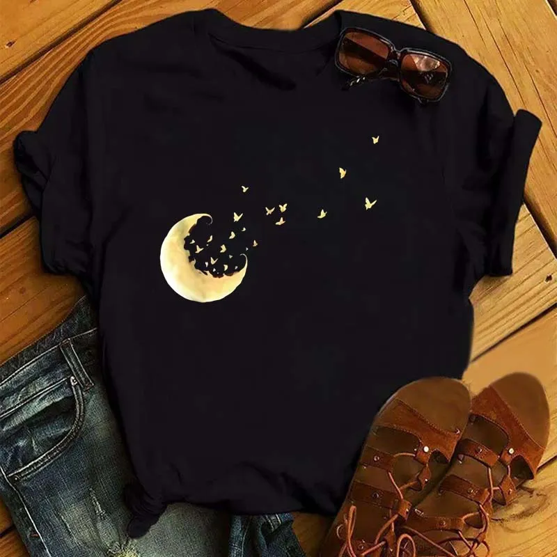 Maglietta a maniche corte da ragazza Moon Butterfly Printed Women Camicia nera Casual Funny Shirt Femme Harajuku ops 220628