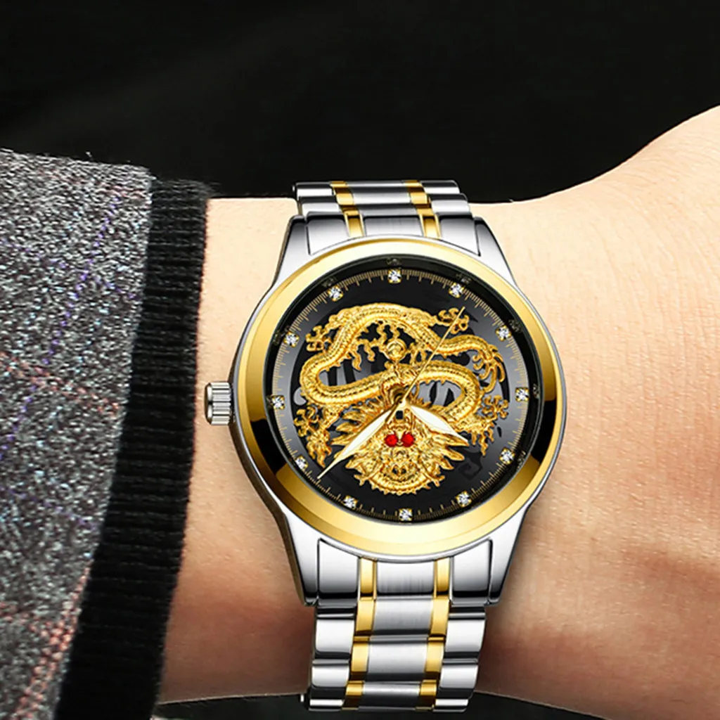 Fngeen Top Brand Gold Gold Men Quartz Watch 3D Face Dragon Dragon Face Full Watches Wristwatch Dropshiping Relojes