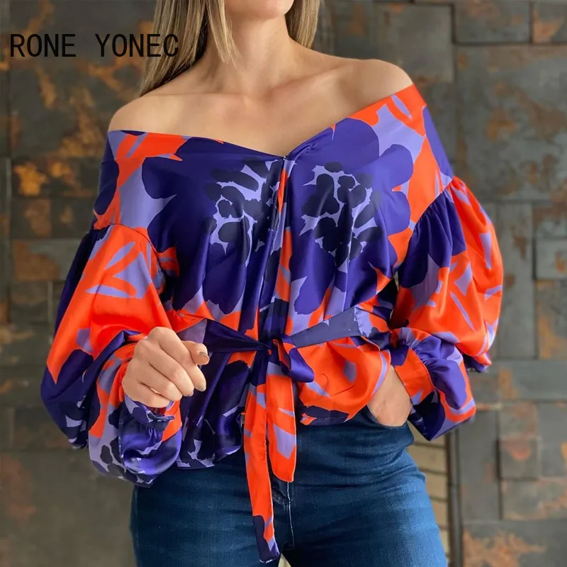Femmes Casual All Over Print Off épaule ceinture Puff Sleeve Sexy Blouse 220407