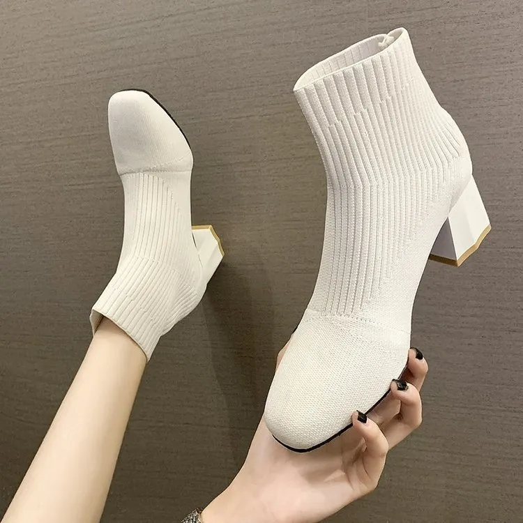Botas de meias esticadas para sapatos femininos calcanhar quadrado sapatos amarelos de tricô