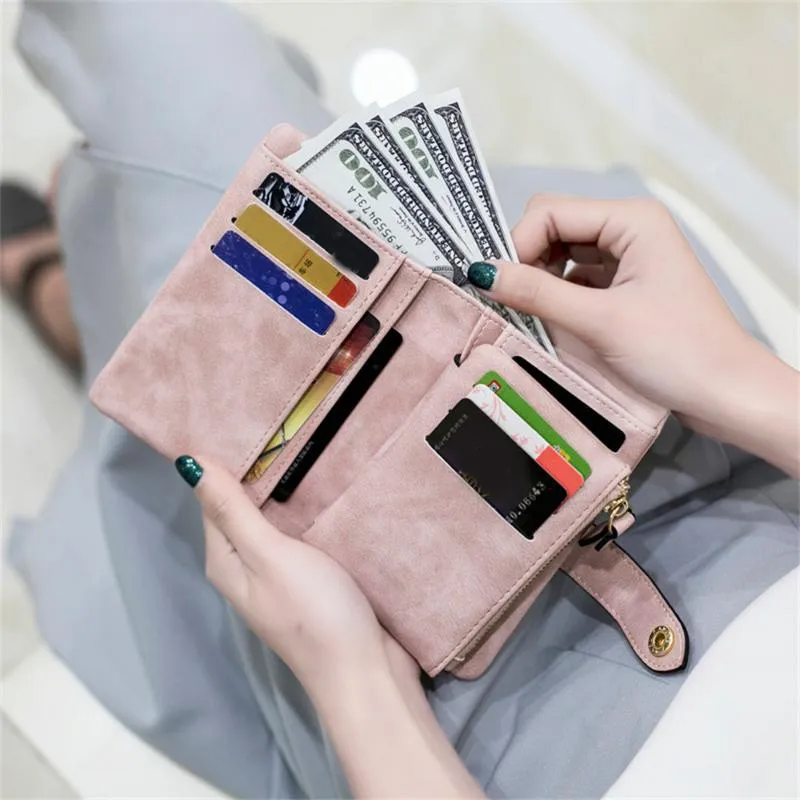 Plånböcker små trifold läder plånbok för kvinnor multi-slots pu kort handväska med handledsrem multifunktionell handväska mynt walle236g
