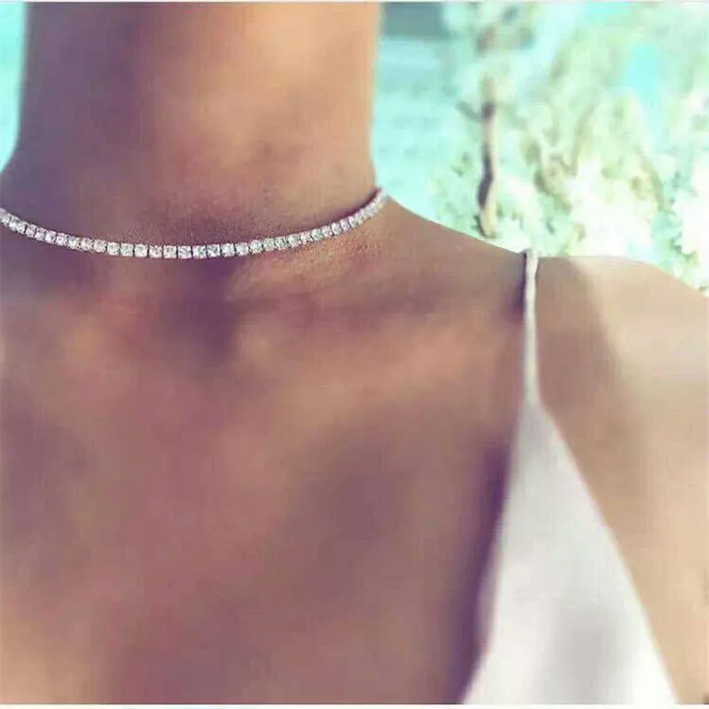 Row Tennis Chain Choker 1 Necklace For Women Shine Silver Color Clavicle Neck Accessories Hip Hop Wedding Jewelry