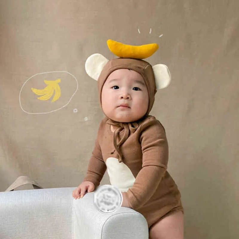 INS Baby Boy Girl Romper милый обезьяна для обезьяны   шляпа в целом мягкие с длинными рукавами.