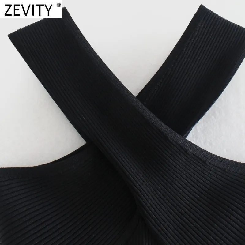 Zevity femmes Chic Sexy croix sangle noir tricot Camis réservoir haute rue dames été mince haut court SW835 220519