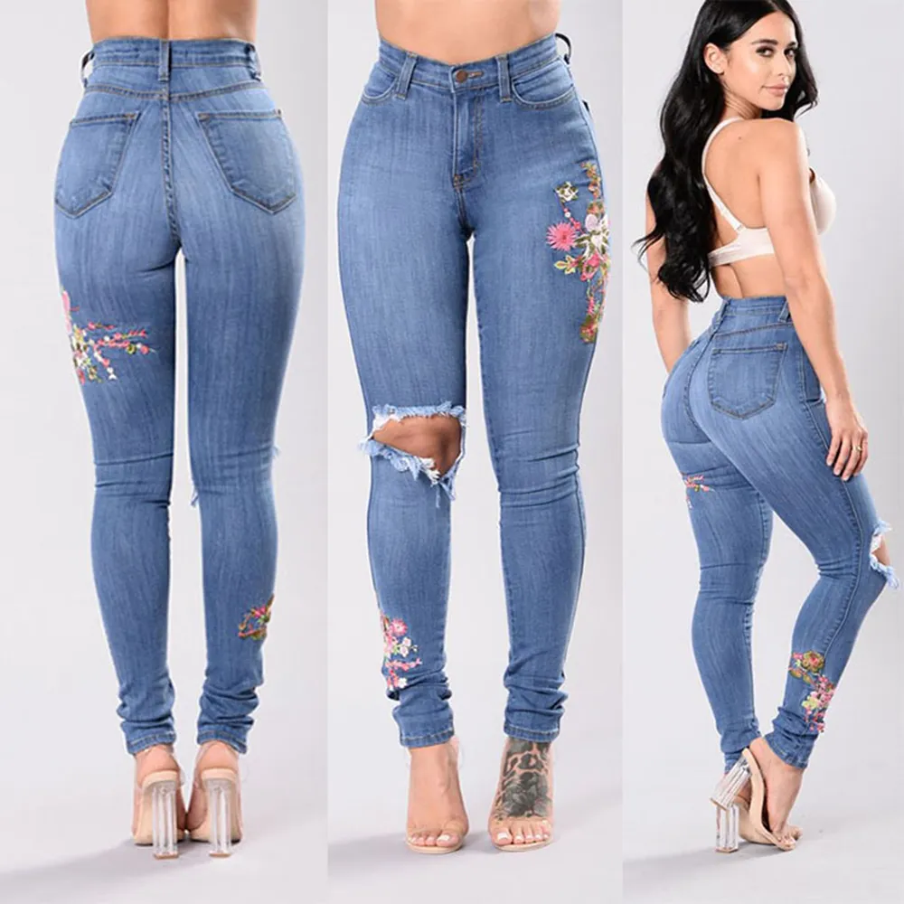 Stretch Embroidered Jeans Y2k Women Elastic Flower Jeans Female Slim Denim Pants Hole Ripped Rose Pattern Jeans Pantalon Femme