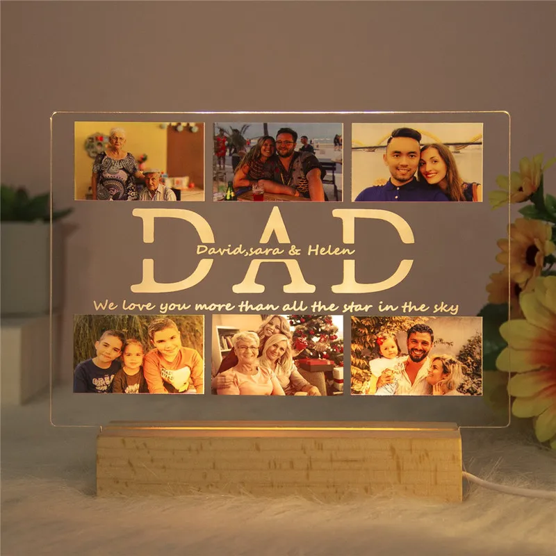 Personalisierte Liebe Dad Led USB Night Light Custom 6 Postenext Acryl 3D -Lampe für Väter Tag Geburtstagszimmer Dekoration 220623