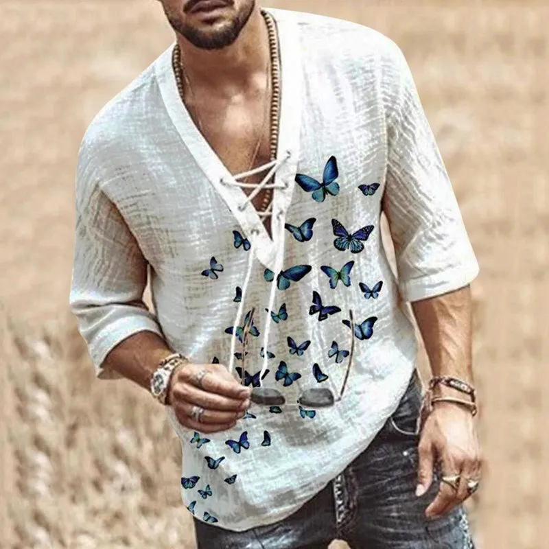 Wenyujh herr mode hippie linne skjorta avslappnad mellanshylsa v hals sommarstrand lös tee toppar fast färg t skjortor 220606