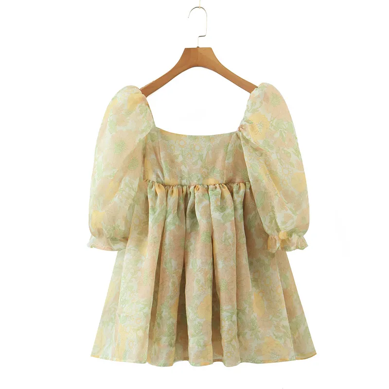 Princess Yellow Floral Print Organza Ball Gown Dress Puff Sleeve Retro Women Swing Short Dresses Fairy Vestidos Party Robe 220511