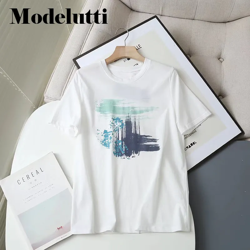 ModelUtti Spring Summer Moda Round Pescoço de manga curta Camiseta impressa Allmatch Simples top casual solto 220706