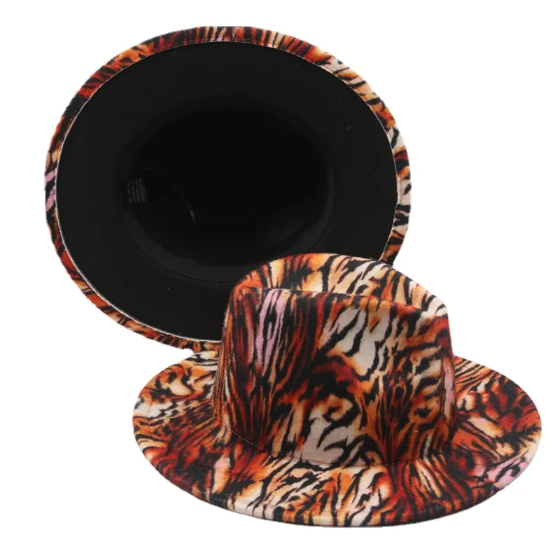 Nouveau tigre Animal imprimé Fedora chapeaux avec fond noir large bord femmes hommes Jazz fête chapeau haut de forme voyage en plein air casquette de Protection solaire