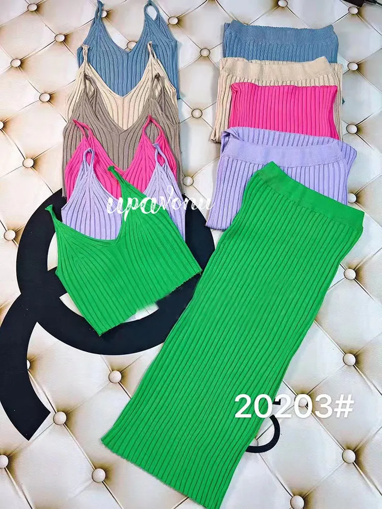 2 -częściowy zestaw pullover top zbiornika wysokiej talii chuda długa spódnica swobodna dzianina Set Summer 2022 Kobietowy streetwear CX220518