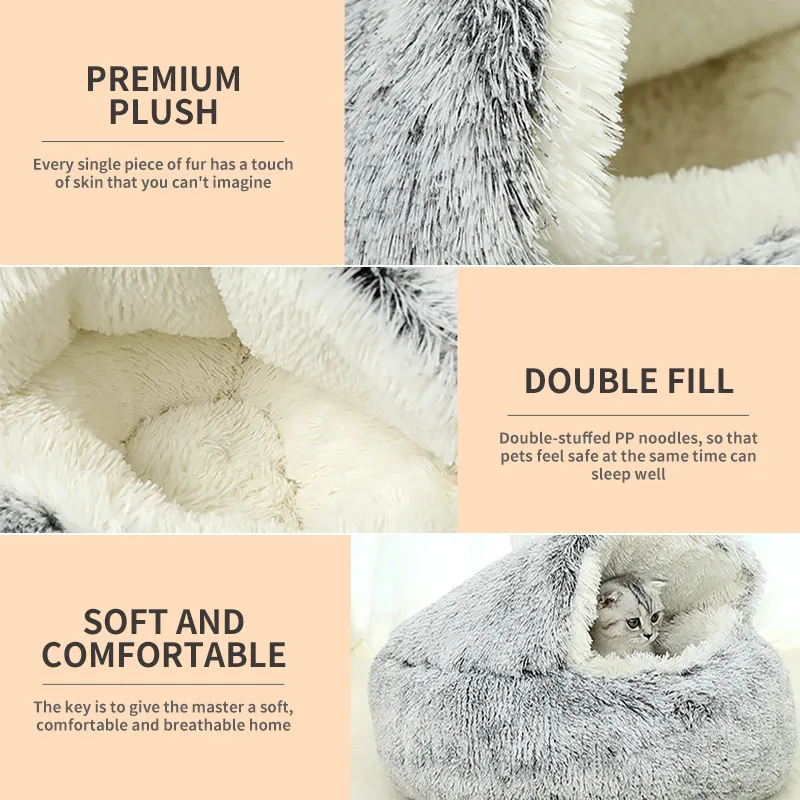 Winter Warm Long Plush Cat Bed Deep Cushion Dog Basket Sleep Bag Nest Kennel Pet Products Accessories 220323