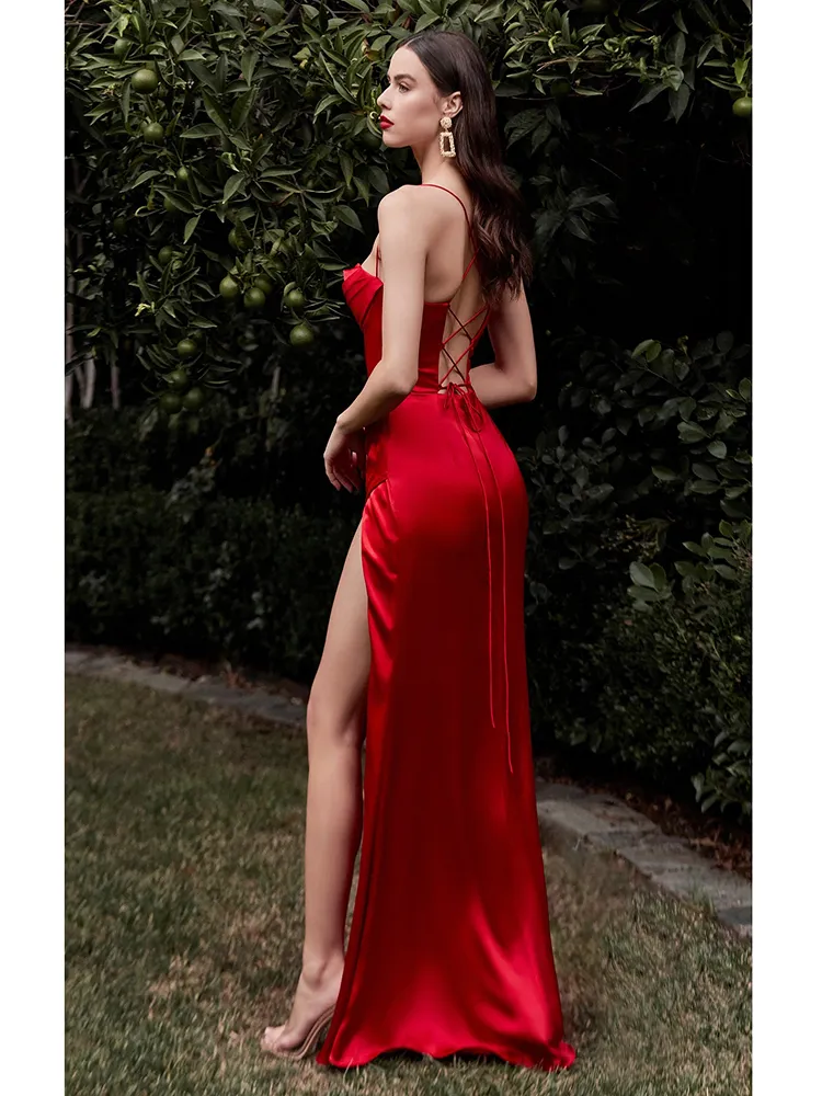 Summer Prom Dress Women s Sling ärmlös fast färg One Word Neck Slim Fit Open Back Slit Red Sexy 220613
