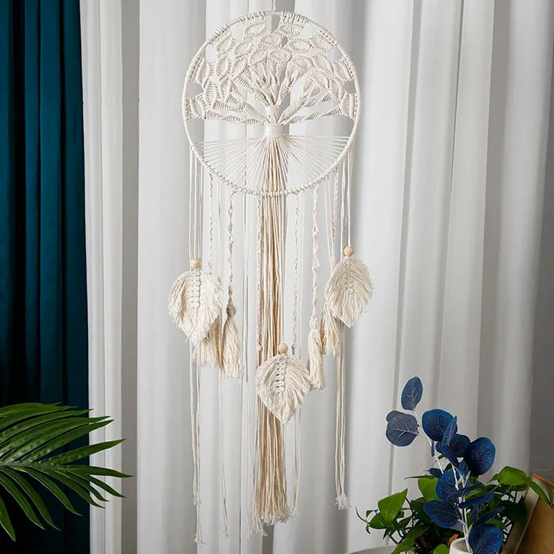 Livets träd Dreamcatcher Boho Beige Tassels Macrame Craft Handgjord vägg hängande bröllop Hem Sovrum Dekoration Dream Catcher 220407