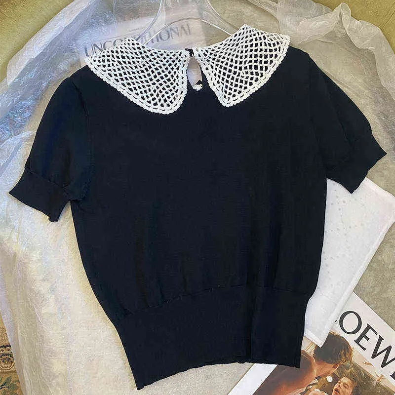 black short sleeved sweater hollowed out flower hook doll collar top slim fitting thin bottomed shirt spring summer