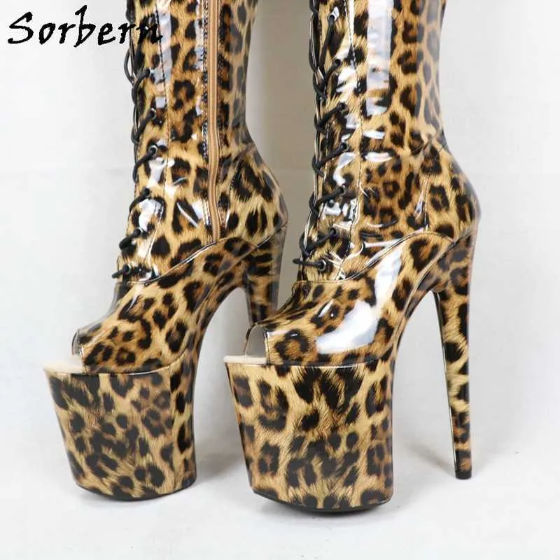 Sorbern – bottes léopard mi-cuisses pour femmes, chaussures de danse sur poteau pour danseuse exotique, bottes à talons hauts de 8 pouces, bout ouvert, personnalisées