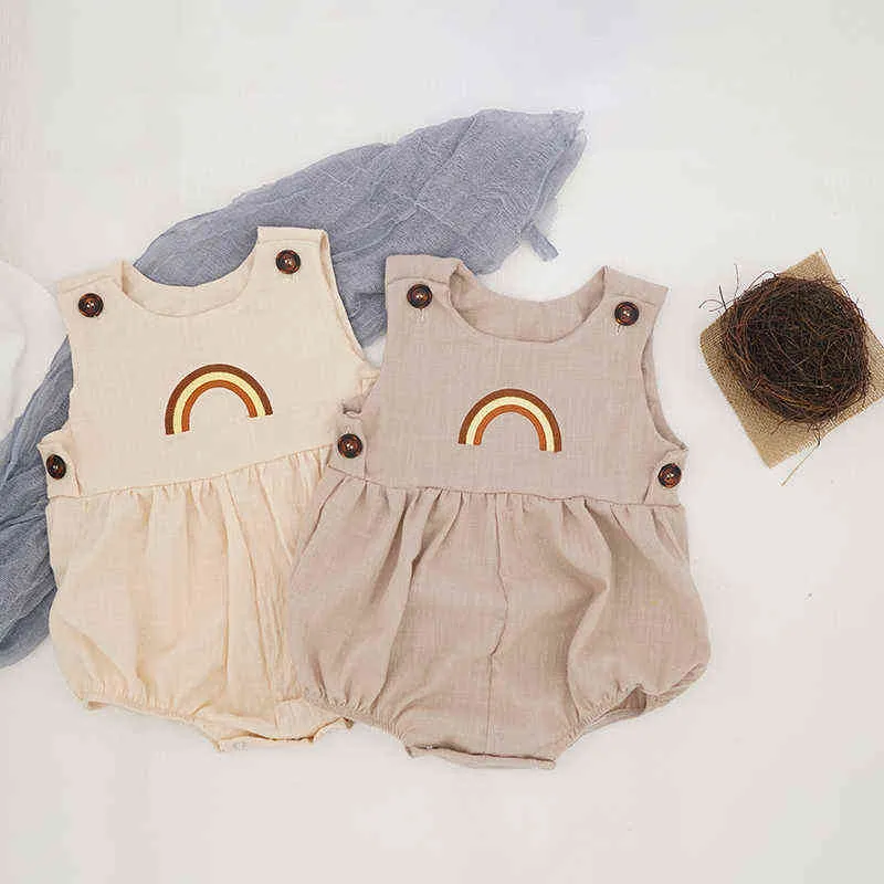 夏の幼児の男の子の女の子ロンパーズジャンプスーツプレイスーツワンピースコットンリネンモスリンレインボー刺繍幼児ベビー服G220510