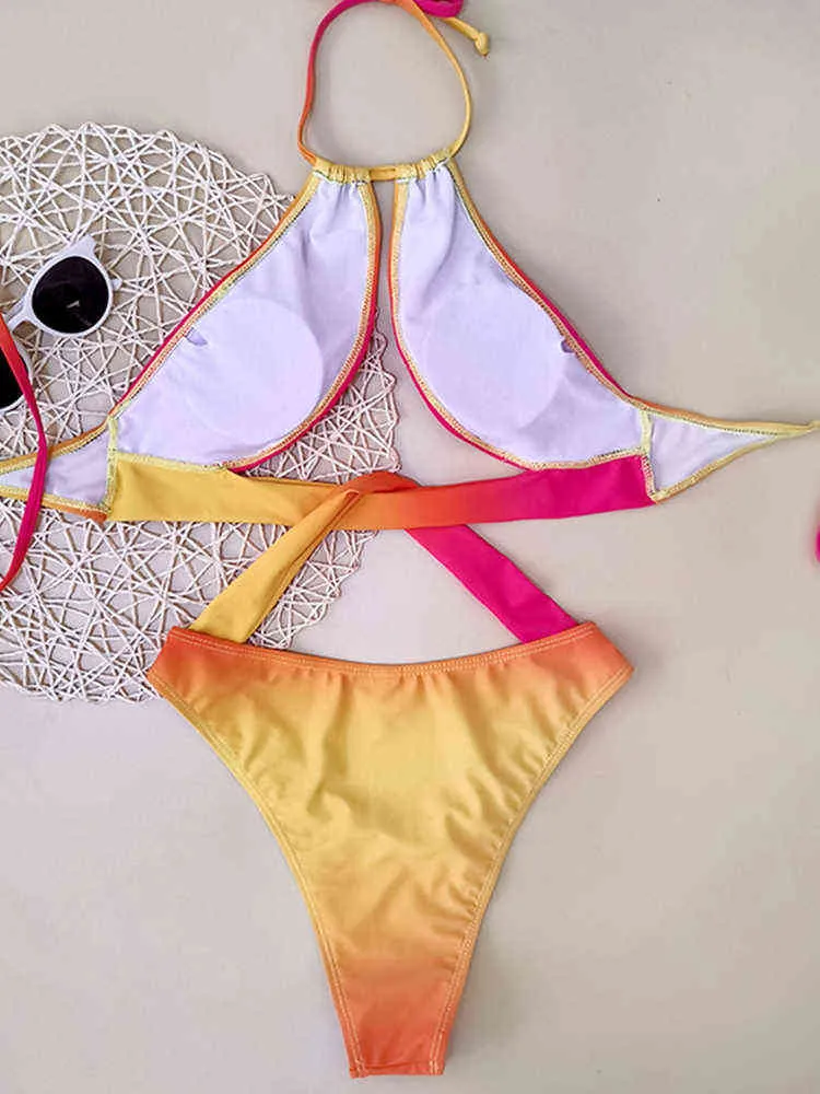 2022 New Sexy Tie-Dye Print Swimwear Women One Piece Swimsuit Female Hollow Out Bathing Suit Summer Beach Wear Backless Monokini Y220423