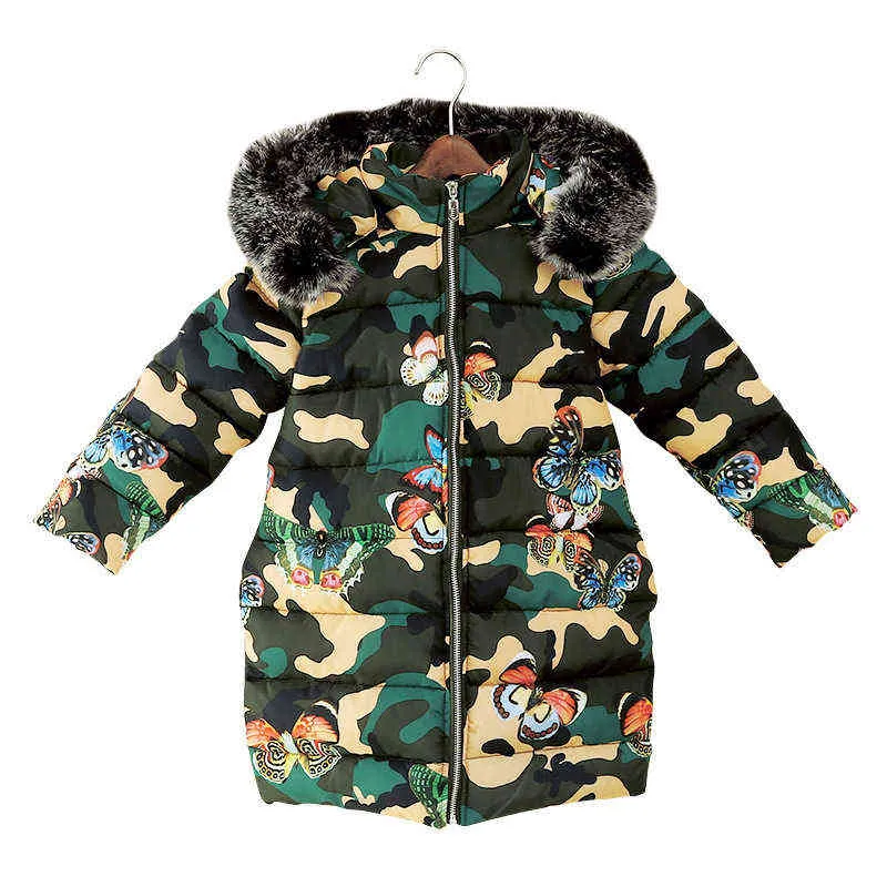 Barnflickor Butterfly Printing Fur Parka Jacket Girl Winter Jacket For Girls Warm Cotton Thick Padded Long Jacket Outfit Clothing J220718