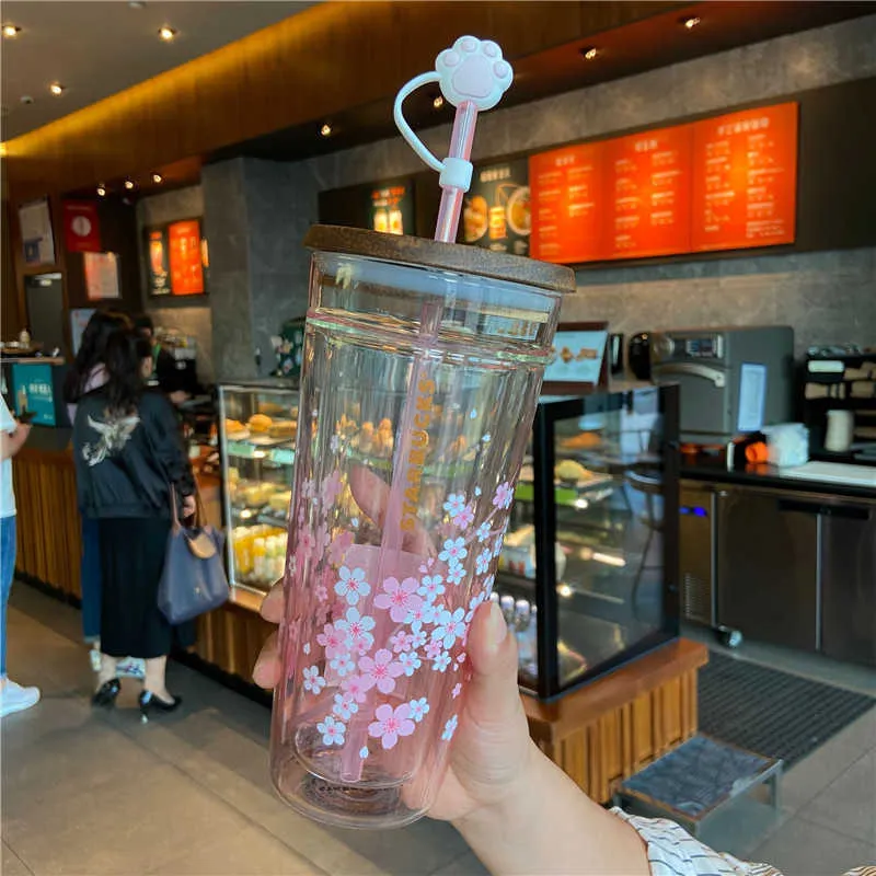 Starbucks Cup Koreanische Sommer-Glühwürmchen-Kirschblütenbär-Doppelglas-Strohkokus-Holzabdeckung, die Trinkbecher begleitet