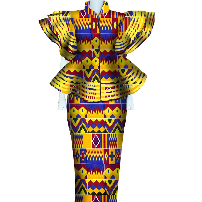 BinTarealwax Kadınlar İki Adet Elbise Afrika Giyim Dashiki Bazin Riche Etek Set Baskı Patchwork Özelleştirme Fermuar Top WY4864