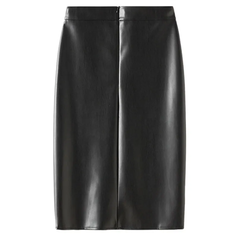 Neophil Black Front Split PU Leather Pencil Skirt Bodycon High Waist Spring Fashion Elegant Knee Length Faldas S21702 220317