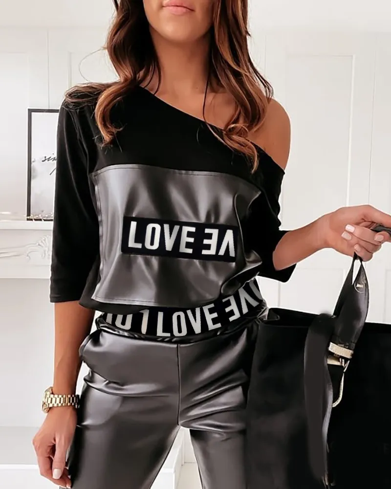 Spring Autumn Women's Letter Print Suit Set Femme Casual Long Sleeve One Shoulder Top & PU Leather Pants Ladies Outfit 220315