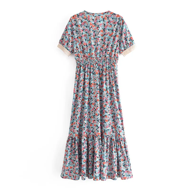 Été Vintage imprimé fleuri robe mi-longue femmes col en V à manches courtes robe femme élégante une ligne robe d'été Vestidos 220511