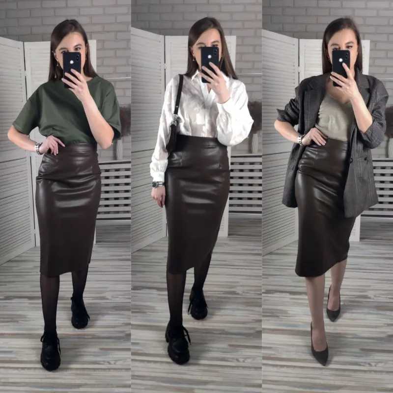 Neophil 74cm Women's Winter Pu Leather Midi Skirts Pencil Bodycon Elegant Office Ladies High Waist Faux Stretch Sexy Skirt S9902 220401