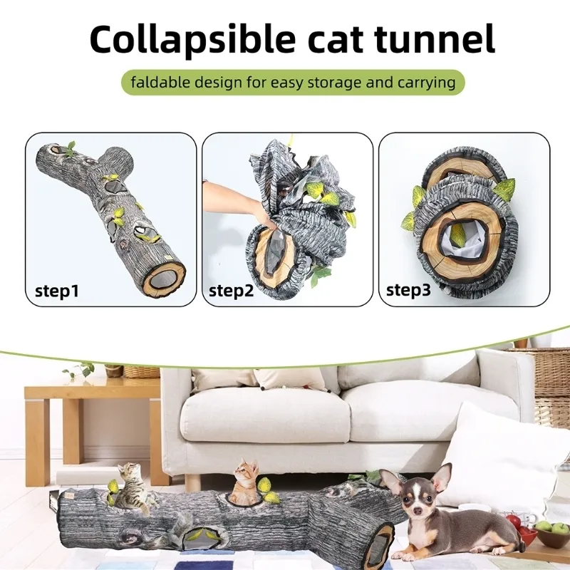 큰 접을 수있는 고양이 터널 고양이 장난감 놀이 터널 내구성 폴리 에스테르 나무 패턴 은신처 주당 주름 터널 220510