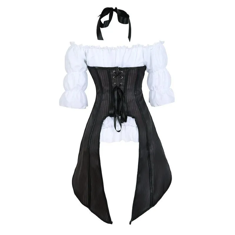 Steampunk Korsett Randiga Långa Remmar Bustier Vest Topp med Vit Gothic Blus Plus Size Burlesk Kostym Korsett 220524