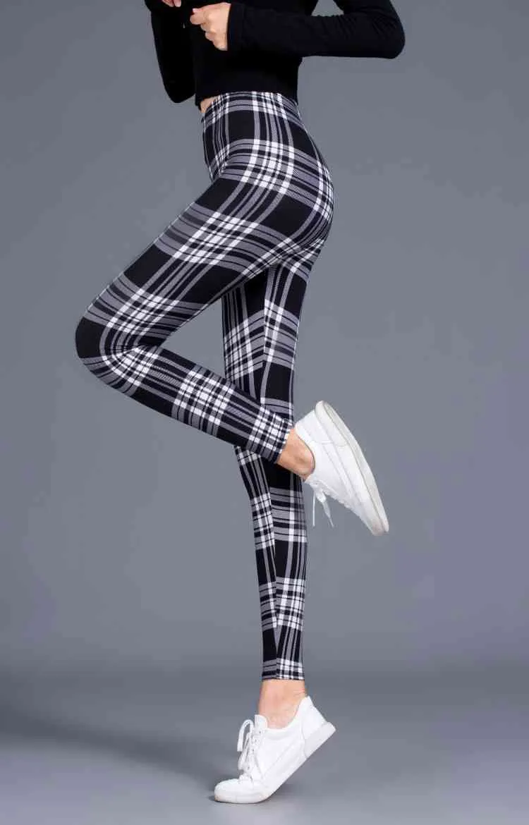 Женщина высокая талия эластичность клетчатая клетчатая пригодная фитнес печать дышащие спортивные брюки нажимают леггинсы