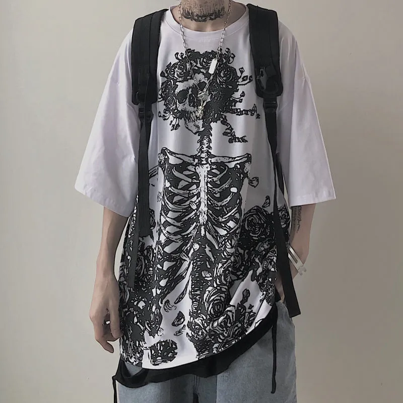 QWEEK GOTHIC Harajuku Skull Tir shirt Korean Fashion Oversized Sleeve Sleeve camiseta Mall Goth Tops
