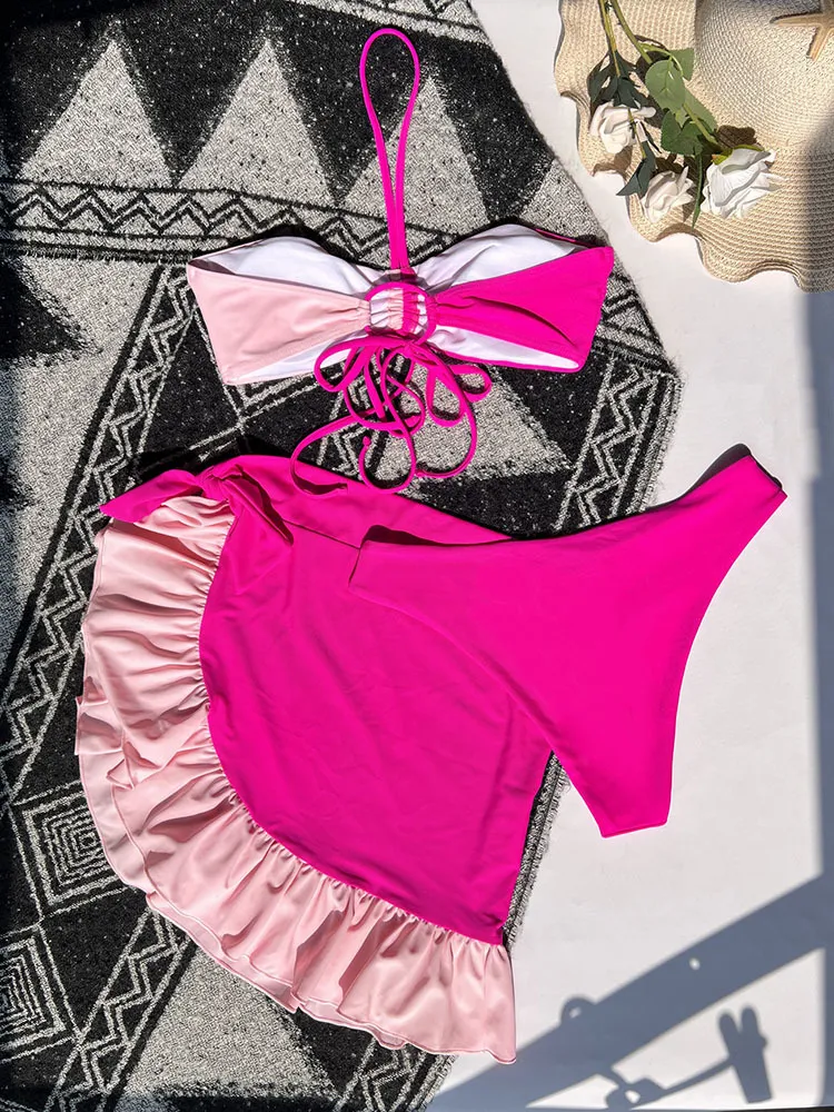 INGAGA Colorblock Bikini With Ruffle Skirt Sexy Drawstring Women Swimsuit Halter Swimwear High Cut Bathing Suit 220611