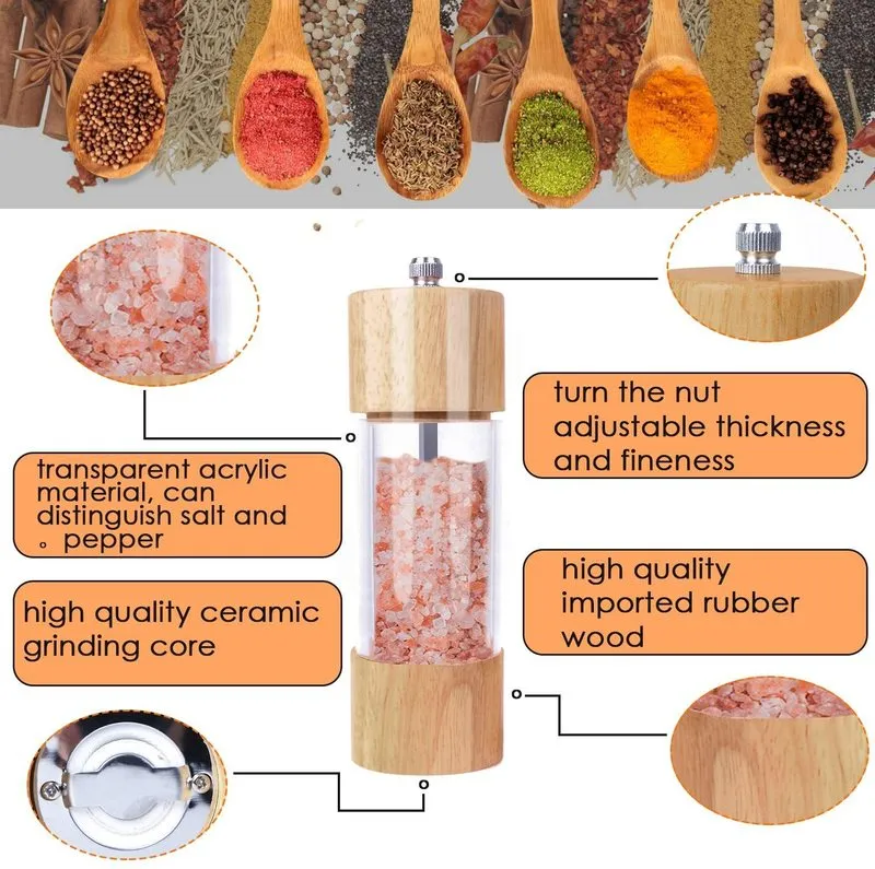 Wooden Salt and Pepper Grinder Set Manual Salt and Pepper Mills with Acrylic Visible Window and Cleaning Brush 2 Pack 220527