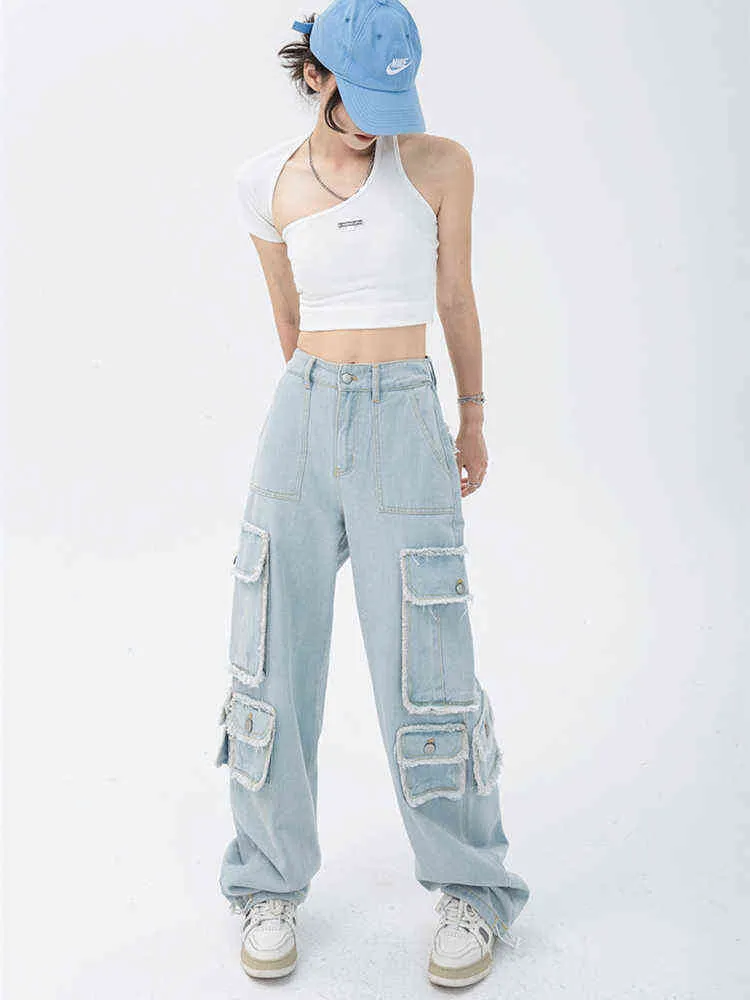 Lichtkleurige gereedschap jeans dames zomer Amerikaans retro ontwerp multi-pocket hoge taille wijd been neutrale denim broek vrouwelijk T220728