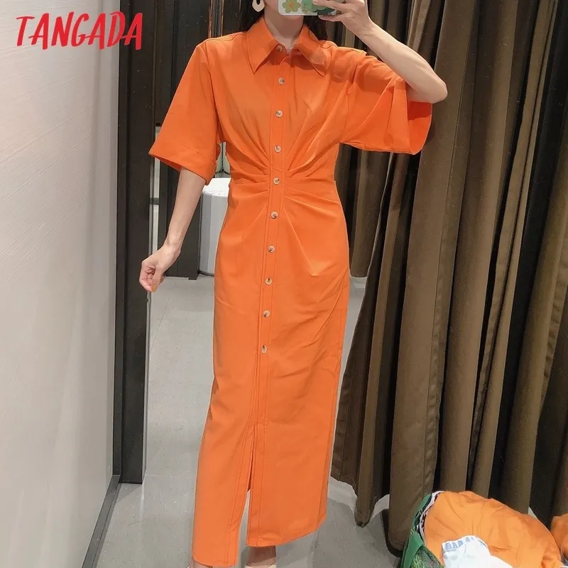 Tangada أزياء المرأة الصلبة البرتقالي تونك اللباس قصيرة الأكمام السيدات أنيقة ميدي vestidos 3H906 220331