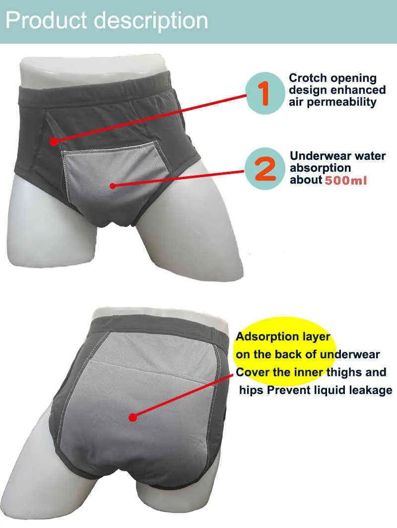 Men's Washable Incontinence Shorts Open Underwear Adults Patient Reusable Breathable Pant Diapers for Adults prostate 500ml T220816
