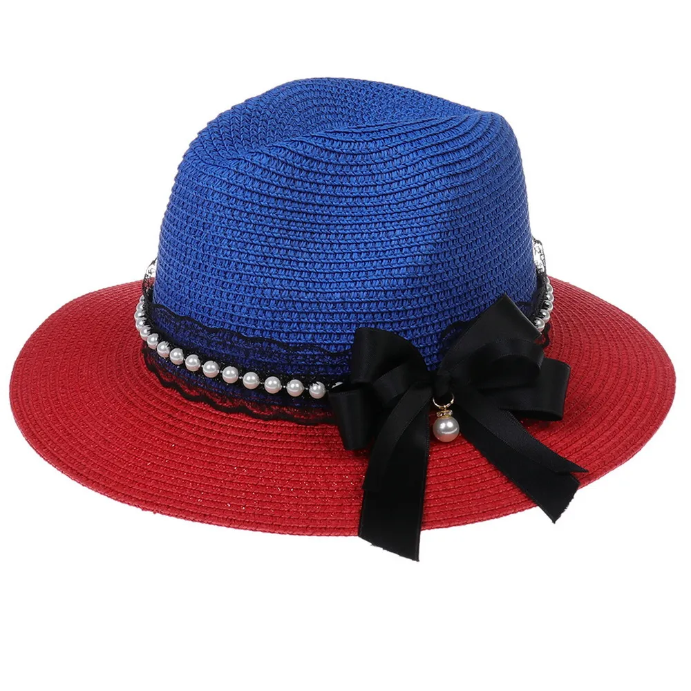 Chapeaux de soleil bicolores pour femmes Chapeau de plage d'été avec nœud en dentelle noire pour femmes Chapeau de paille de voyage pliable