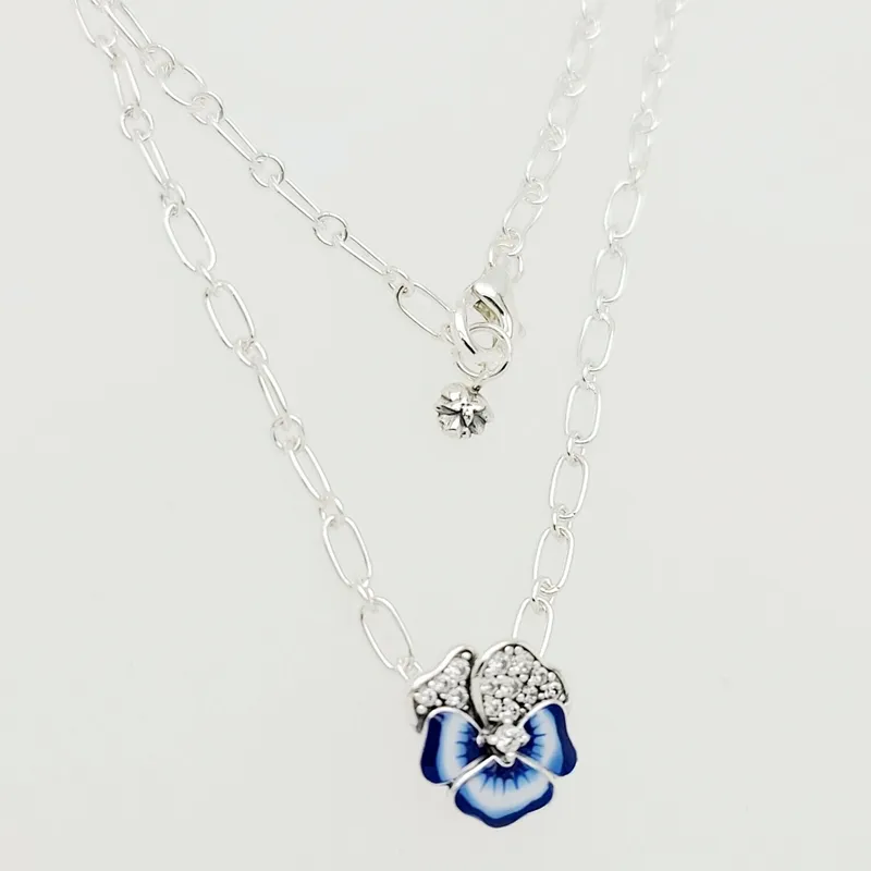 Blue Pansy Flower Pendentif Collier Authentique bijoux Designer pandora 925 Sterling silver Designer Collier pour femmes pendentif ensemble fête cadeaux d'anniversaire 390770C01