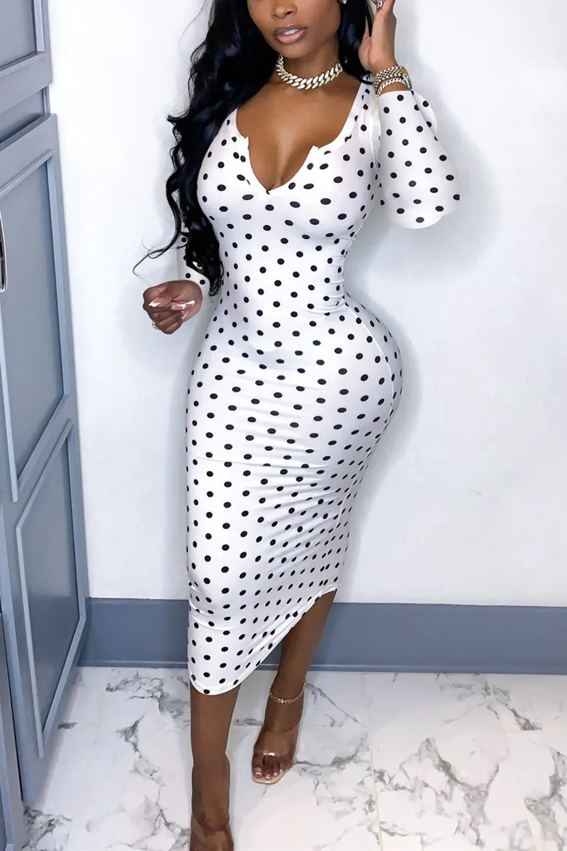 Sexy Deep V Low Cut Bodycon Midi Dress Vintage Dames Polka Dot Sheath Office Lady Skinny Long Sleeve Autumn Spring 220521