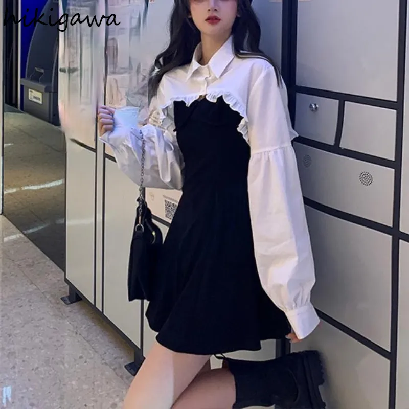 Hikigawa Women Clothing Sets Фонарная рукава короткие рычаги с черным твердым корейским модным женским платьем с двумя частями 220719