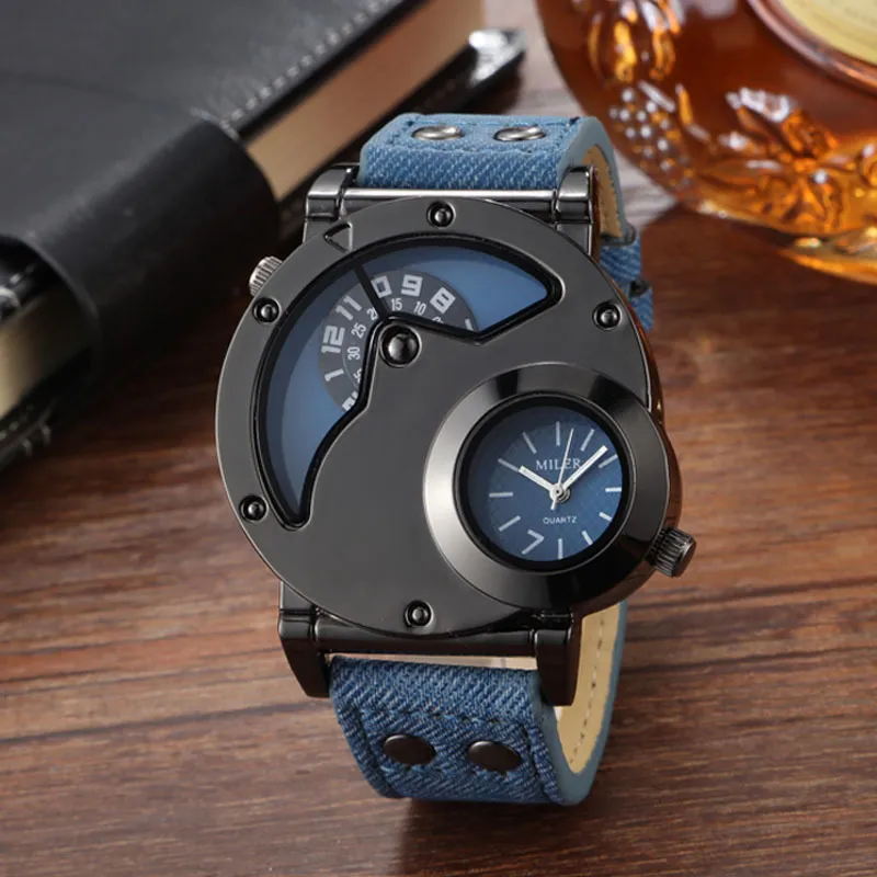 Moda Cowboy Blue Denim Relojes Hombres Relojes deportivos 2 Zona horaria Correa de cuero Relojes de pulsera de cuarzo Hombre Reloj Relogio masculino 220200E