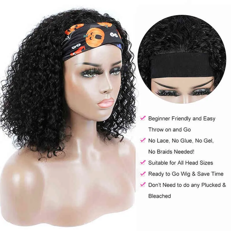 Lockige Stirnband-Perücke, Echthaar-Perücken, verworren, für schwarze Frauen, leimlos, voller Manchine-Schal, natürliche Farbe, 220609