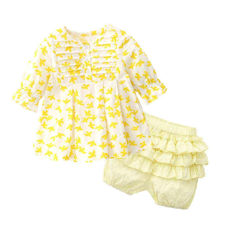 nieuwe zomer kinderkleding vijfpuntsmouwen frisse gele katoenen meisjeskleding babymeisjeskleding